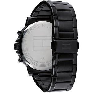 Caseback of Tommy Hilfiger Daniel 1710383 men's quartz battery watch showing technical specs black dial and metal bracelet