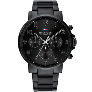 Tommy Hilfiger Daniel 1710383 men's quartz battery watch with black dial, black-tone case, black stainless steel bracelet main view