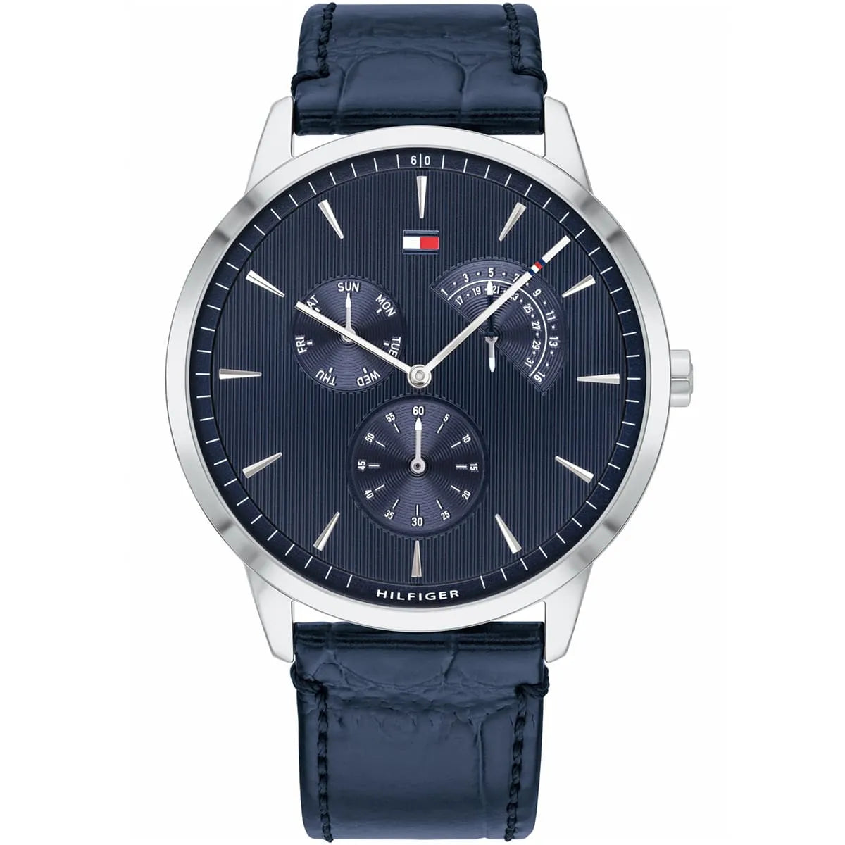 Tommy Hilfiger Brad 1710387 men's watch featuring a 44mm silver-tone case, navy blue dial, and navy blue genuine leather strap.