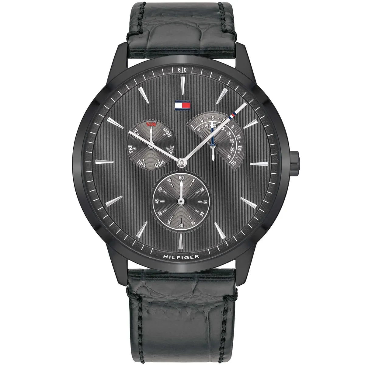 Tommy Hilfiger Brad 1710388 men's watch featuring a 44mm black ion-plated case, textured black dial, and black genuine leather strap