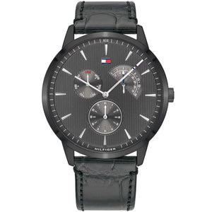 Tommy Hilfiger Brad 1710388 men's watch featuring a 44mm black ion-plated case, textured black dial, and black genuine leather strap