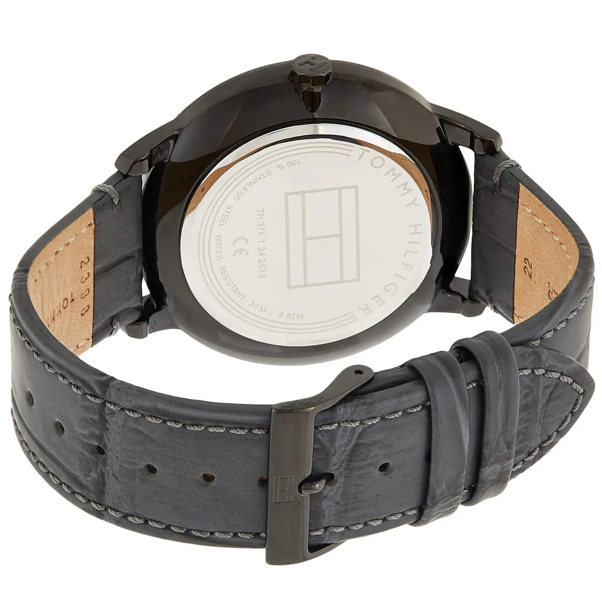 Back view of the Tommy Hilfiger 1710388 watch showing the stainless steel caseback and technical specs