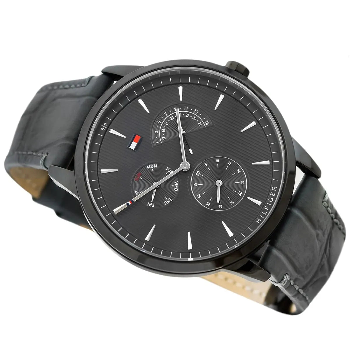 Side profile view showing the 10mm case thickness and black ion-plated finish of the Tommy Hilfiger 1710388