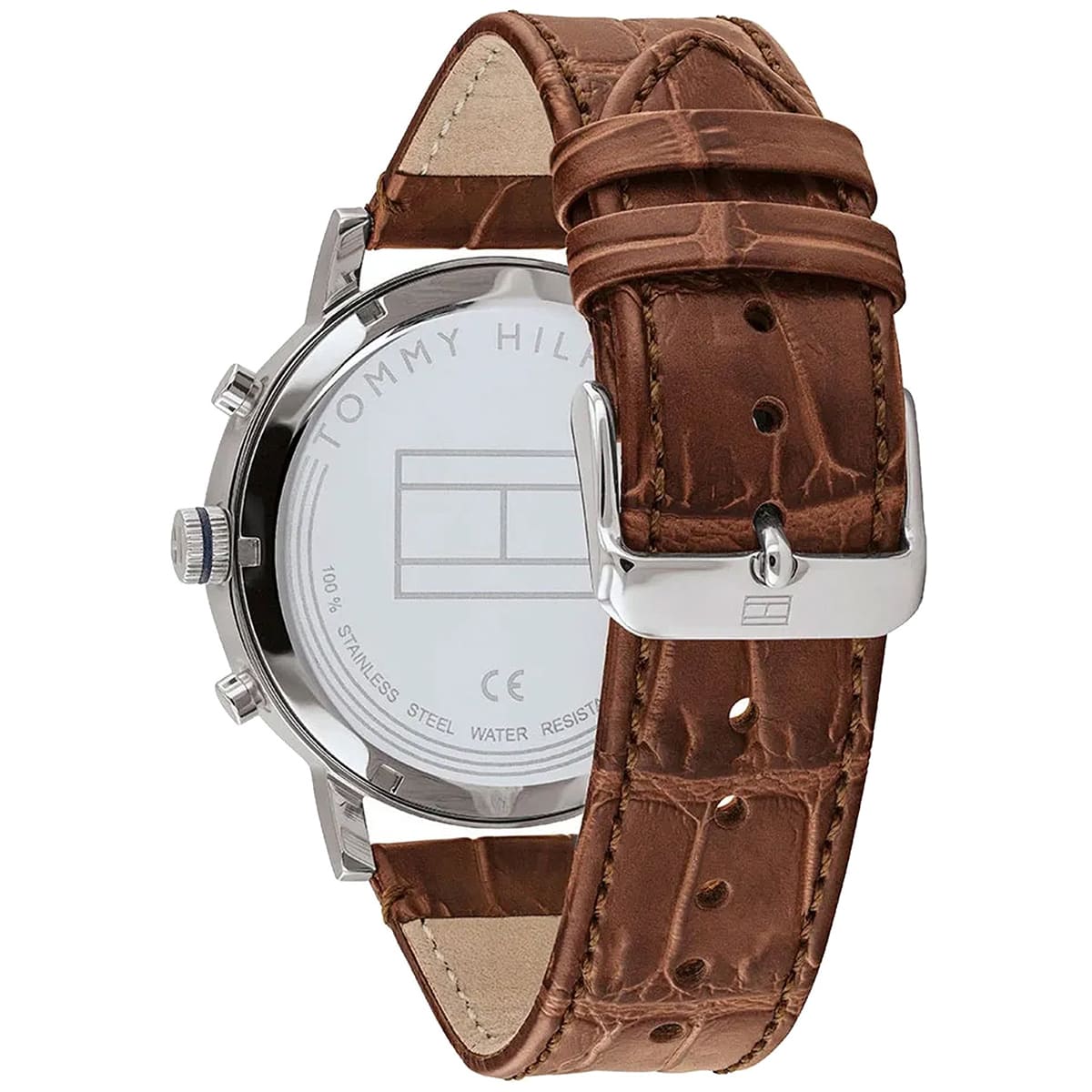 Detailed central central Analogue Central central profile central Analogue buckle clasp central release buckle with bold TH flag branding on integrated stainless steel bracelet integrated genuine flexible rich brown genuine leather genuine leather strap