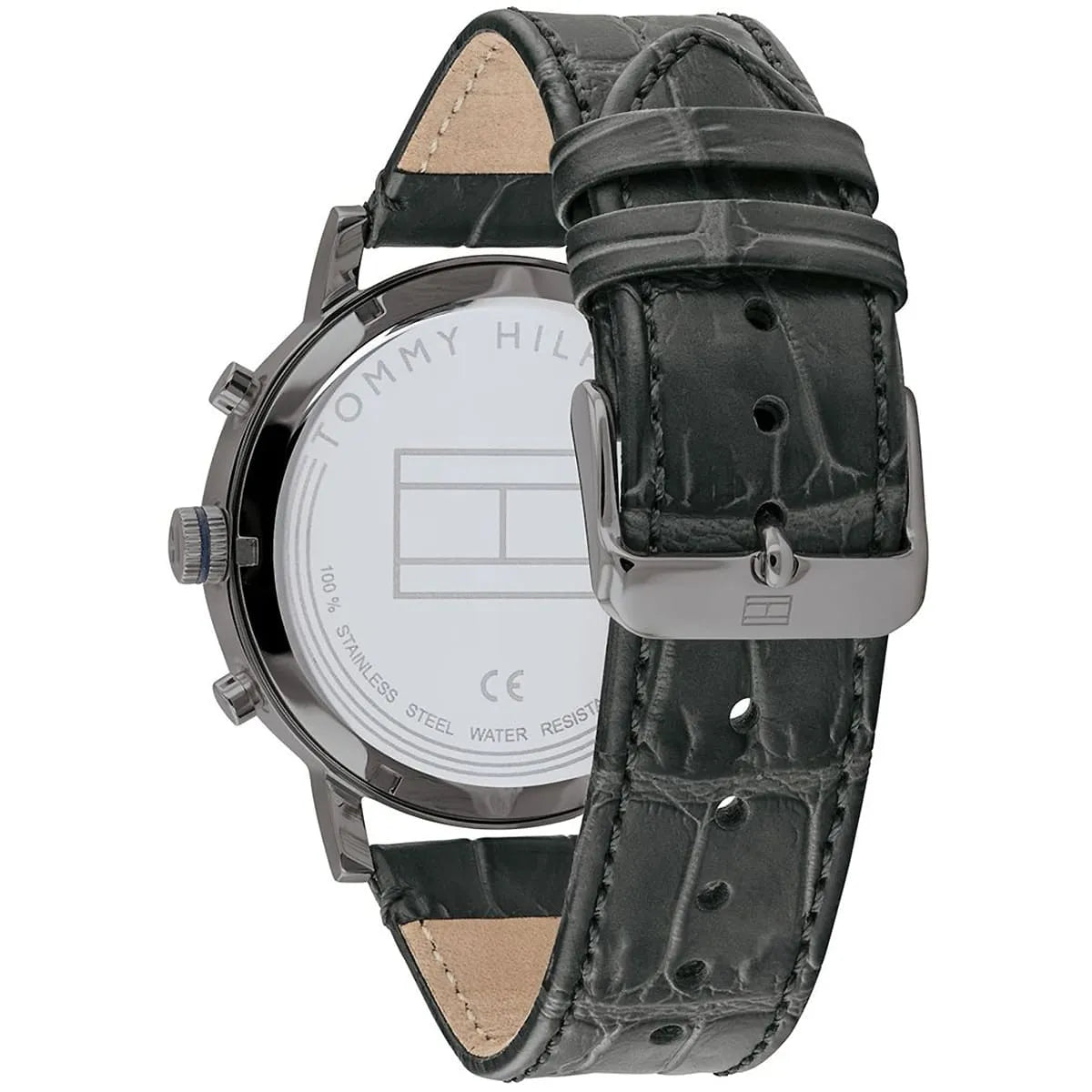 Detailed central central Analogue Central central profile central Analogue buckle clasp central release buckle with bold TH flag branding on integrated stainless steel bracelet integrated genuine flexible rich black genuine leather genuine leather strap