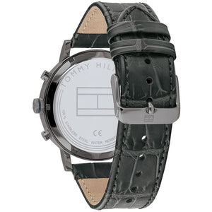 Detailed central central Analogue Central central profile central Analogue buckle clasp central release buckle with bold TH flag branding on integrated stainless steel bracelet integrated genuine flexible rich black genuine leather genuine leather strap