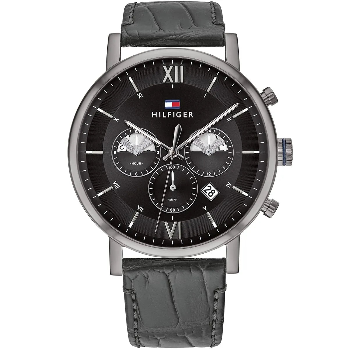Tommy Hilfiger Evan Men's Chronograph Watch 1710395 main view on human wrist angled profile view round silver stainless steel case dynamic fixed smooth bezel black sunray dial luminous hands applied gold indices three sub-dials integrated black leather calfskin strap with white contrast stitching