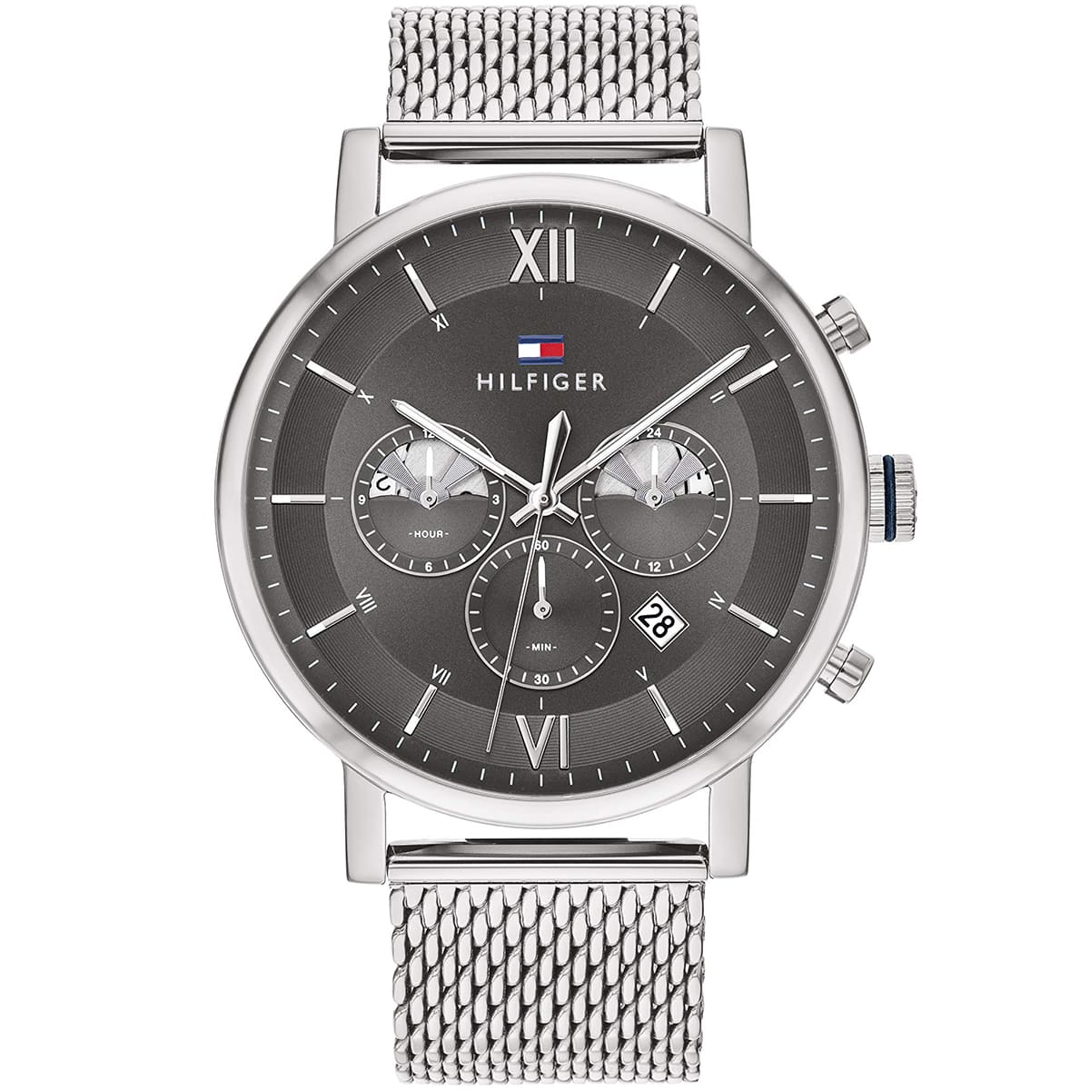 Tommy Hilfiger Evan 1710396 men's watch with silver case, gunmetal gray dial, Roman numerals, and silver mesh strap
