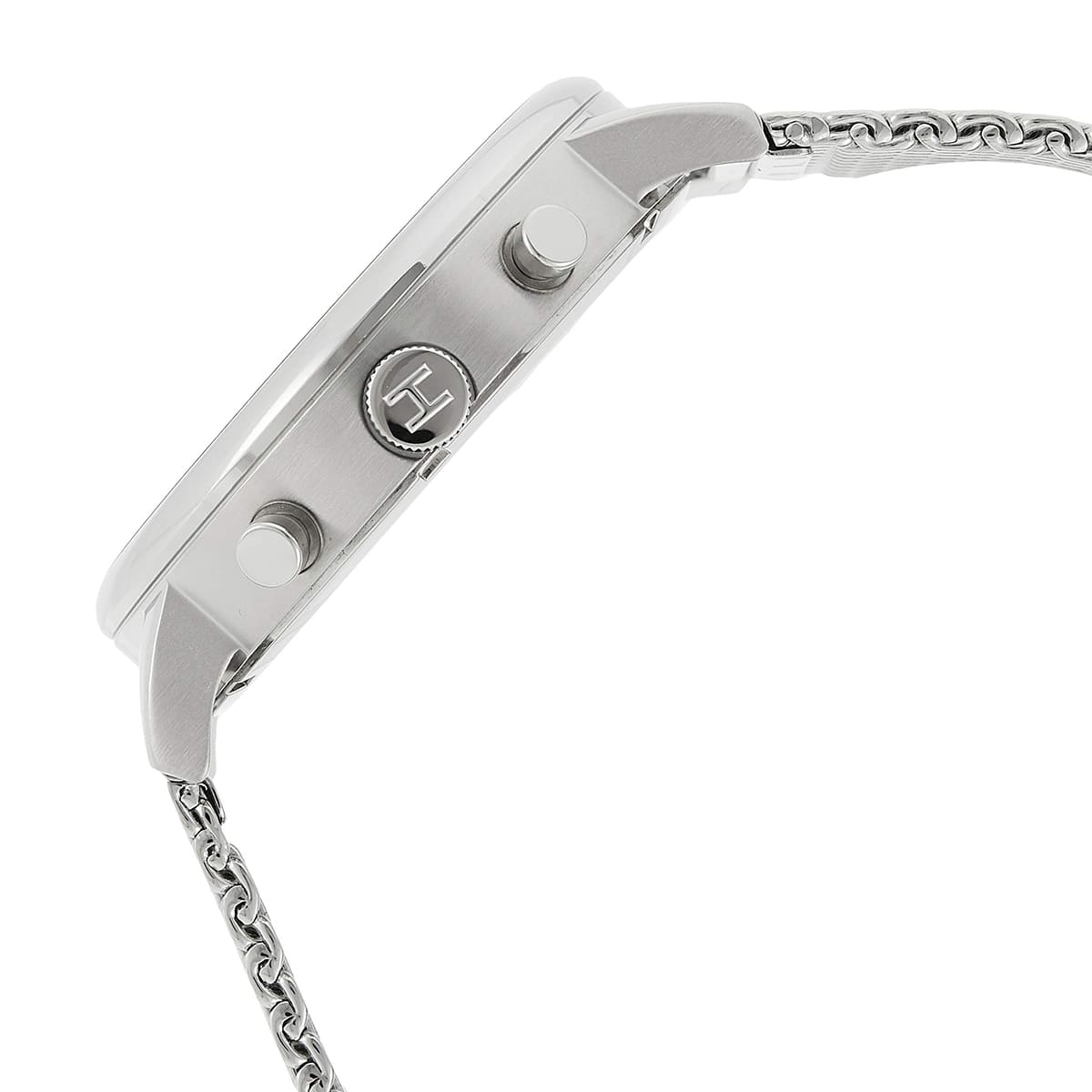 Detailed side view of the silver-tone crown and chronograph buttons on the 1710396 men's watch
