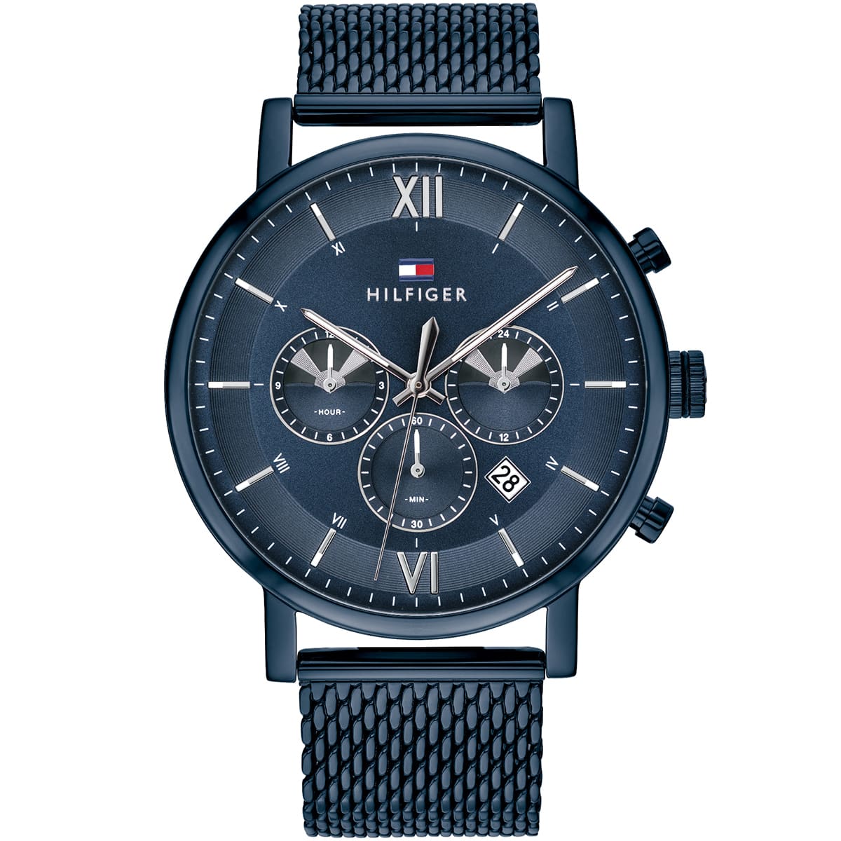 Tommy Hilfiger Evan 1710397 men's watch with full navy blue ion-plated case, dial, and mesh strap featuring Roman numerals