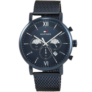 Tommy Hilfiger Evan 1710397 men's watch with full navy blue ion-plated case, dial, and mesh strap featuring Roman numerals