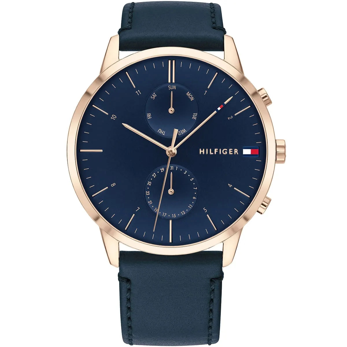 Tommy Hilfiger Cooper 1710405 men's watch featuring a gold-tone stainless steel case, sleek navy blue dial, and blue leather strap