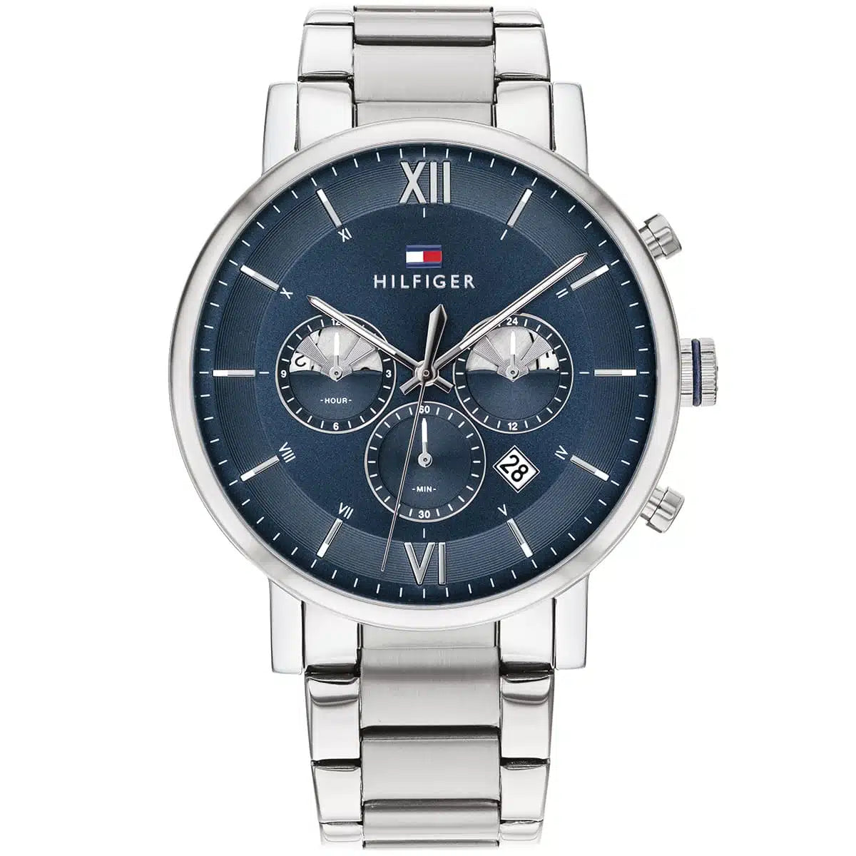 Tommy Hilfiger Evan 1710409 men's watch featuring a full silver-tone stainless steel design and vibrant blue multi-function dial