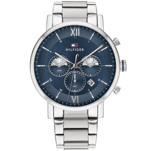 Tommy Hilfiger Evan 1710409 men's watch featuring a full silver-tone stainless steel design and vibrant blue multi-function dial