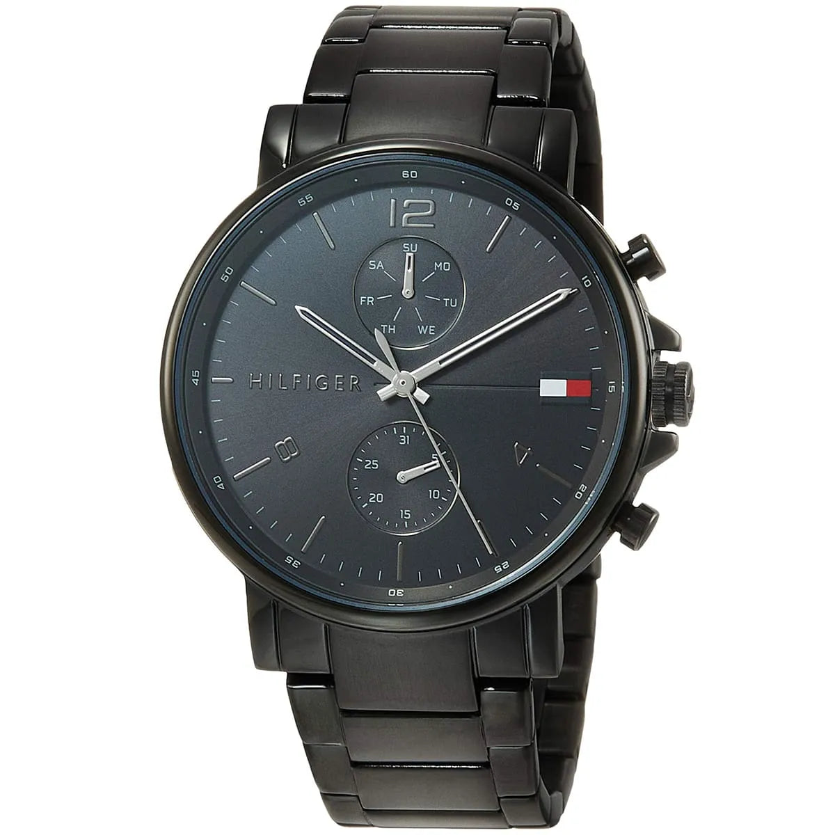 Side profile of Tommy Hilfiger Daniel 1710414 men's quartz battery watch showing 10mm thickness and black finish