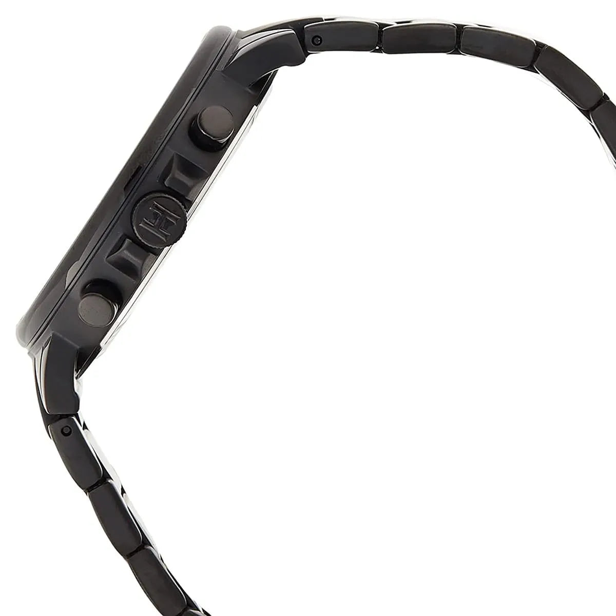 Side profile of Tommy Hilfiger Daniel 1710414 men's quartz battery watch showing 10mm thickness and black finish