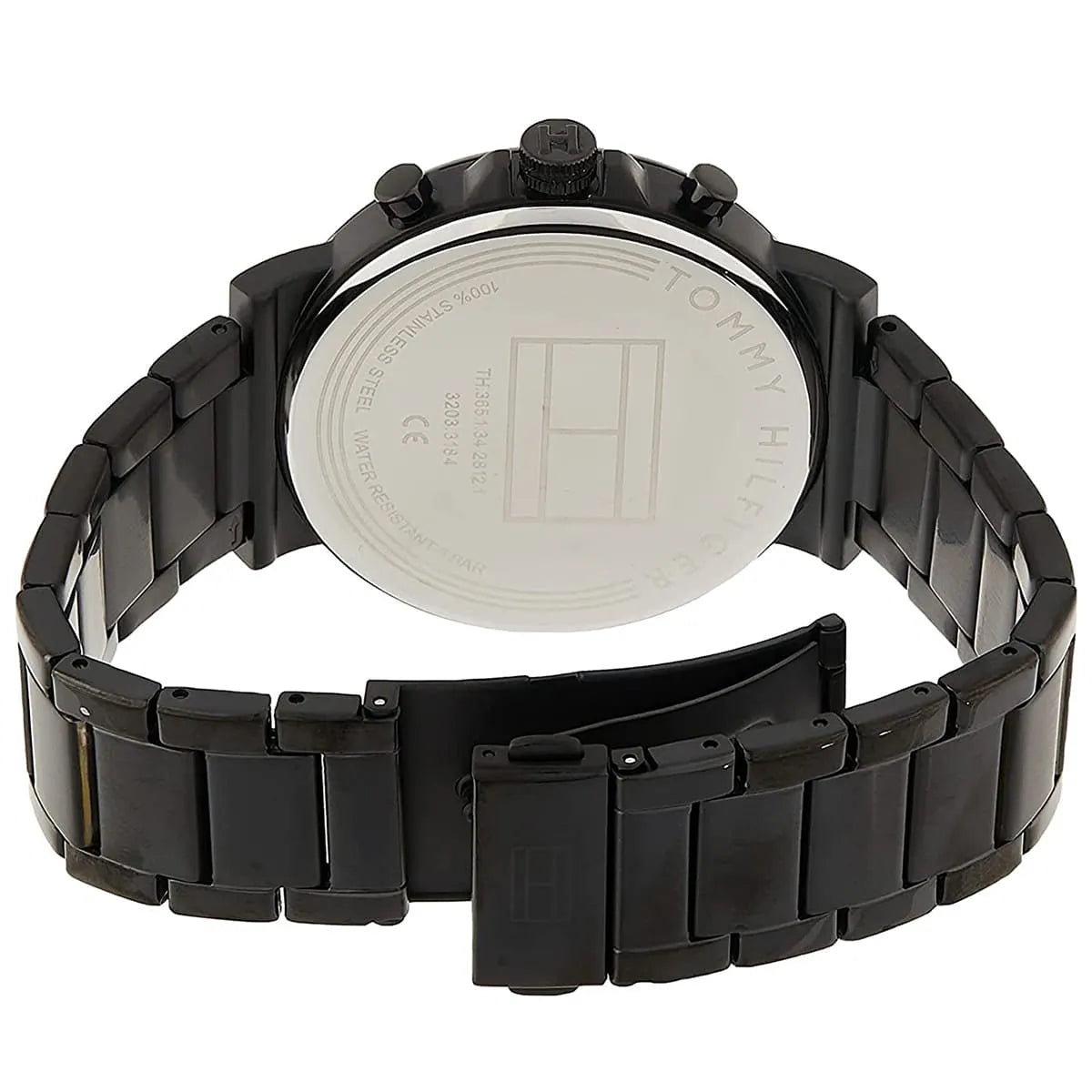 Black-tone deployment clasp on Tommy Hilfiger Daniel 1710414 men's quartz battery metal bracelet watch