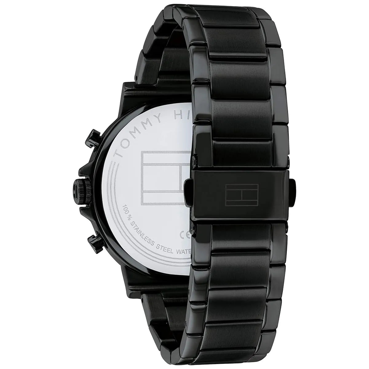 Caseback of Tommy Hilfiger Daniel 1710414 men's quartz battery watch showing technical specs black dial and metal bracelet