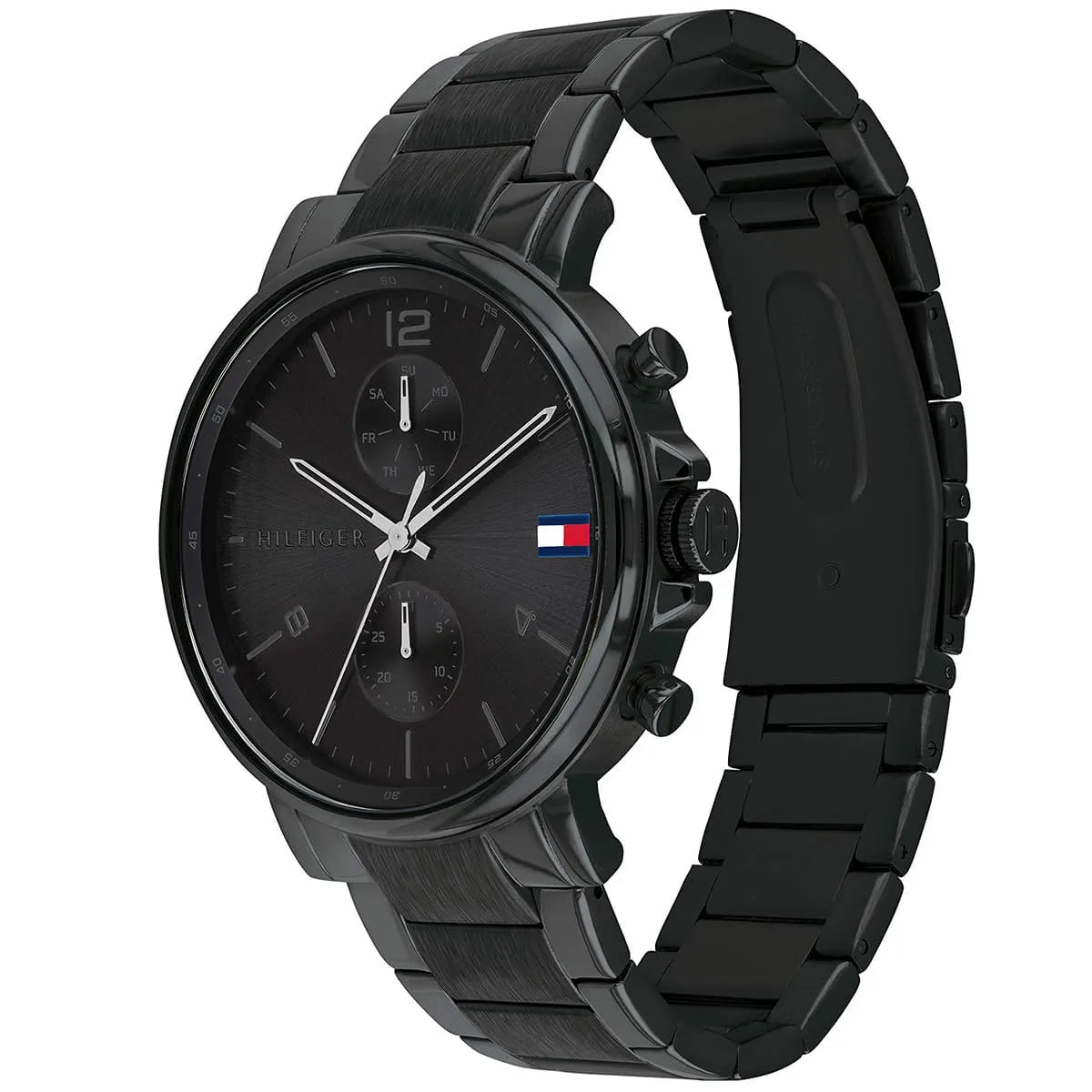 Left angled view of Tommy Hilfiger Daniel 1710414 men's quartz battery watch showing black stainless steel bracelet and case profile