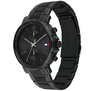 Left angled view of Tommy Hilfiger Daniel 1710414 men's quartz battery watch showing black stainless steel bracelet and case profile