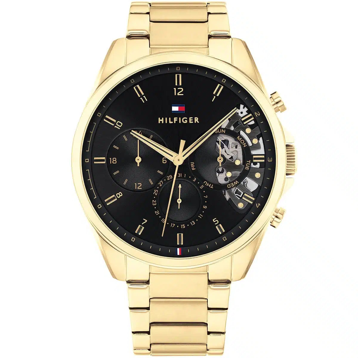 Tommy Hilfiger Damon 1710447 men's watch featuring a gold-tone stainless steel case, black multi-function dial, and link bracelet