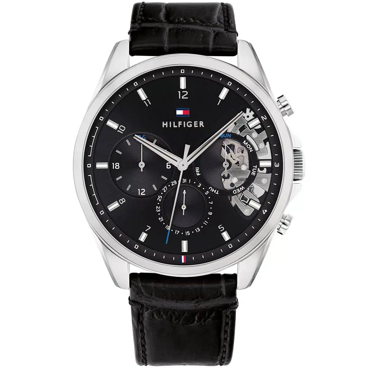 Tommy Hilfiger Damon 1710449 men's watch featuring a silver stainless steel case, black multi-function dial, and black leather strap