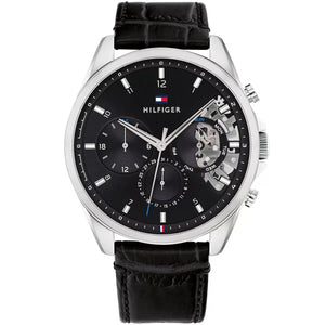 Tommy Hilfiger Damon 1710449 men's watch featuring a silver stainless steel case, black multi-function dial, and black leather strap