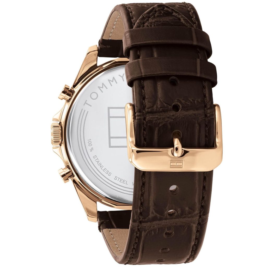 Detailed view of the smooth genuine black leather strap on the Tommy Hilfiger Henry watch
