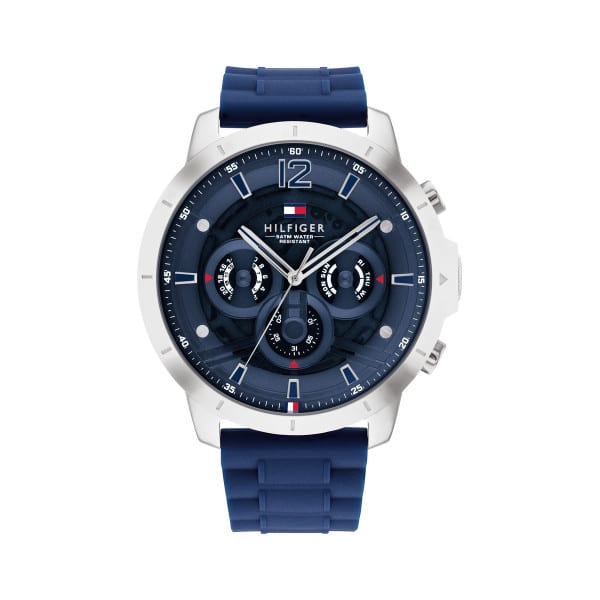 Authentic real-life photo of Tommy Hilfiger 1710489 showing actual blue rubber strap and blue dial