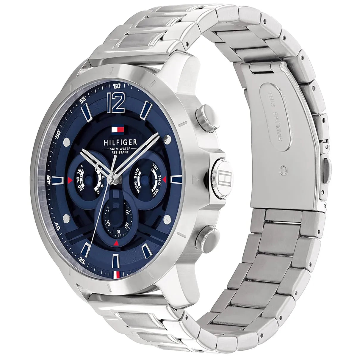 Angled real-life photo of Tommy Hilfiger 1710492 showing the silver case and metal link strap