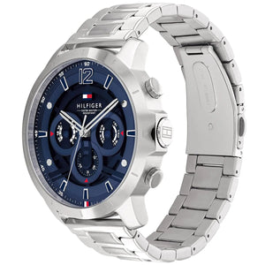 Angled real-life photo of Tommy Hilfiger 1710492 showing the silver case and metal link strap