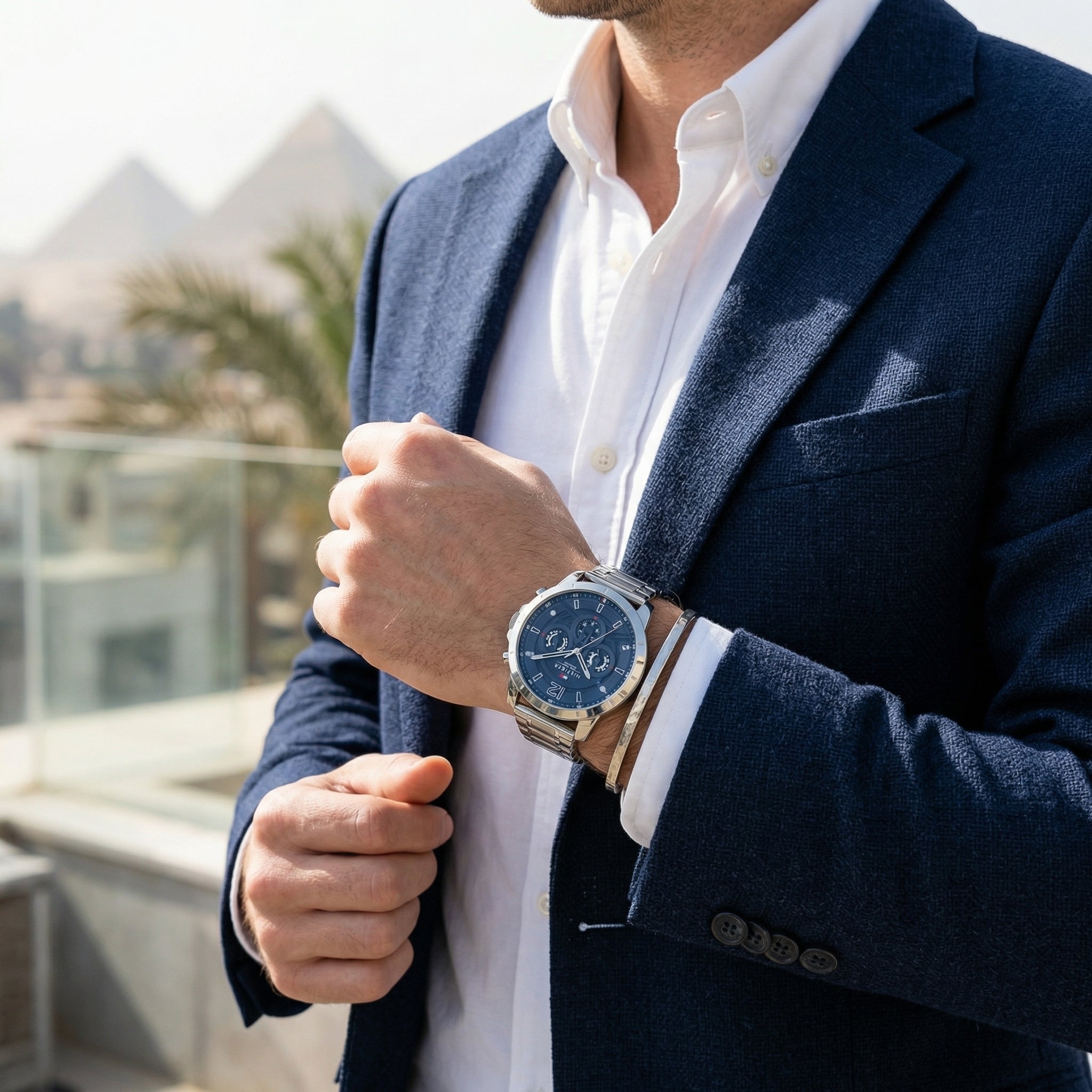 Lifestyle photo of Tommy Hilfiger 1710492 showing the watch on a man's wrist with silver bracelet