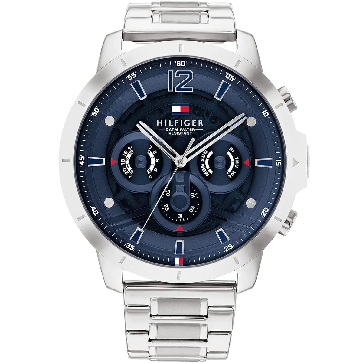 Authentic real-life photo of Tommy Hilfiger 1710492 showing actual silver shine and blue dial