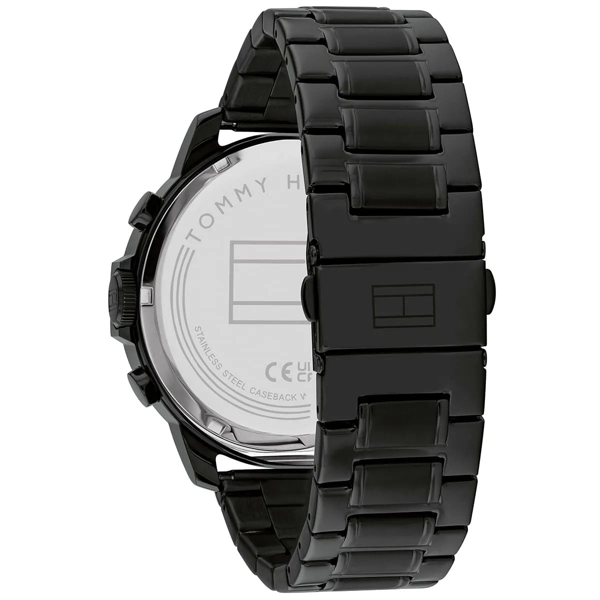 Photo of the black deployment clasp on the metal strap of Tommy Hilfiger 1710494