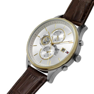Detail photo of the gold-tone crown and buttons on the two-tone Tommy Hilfiger 1710501
