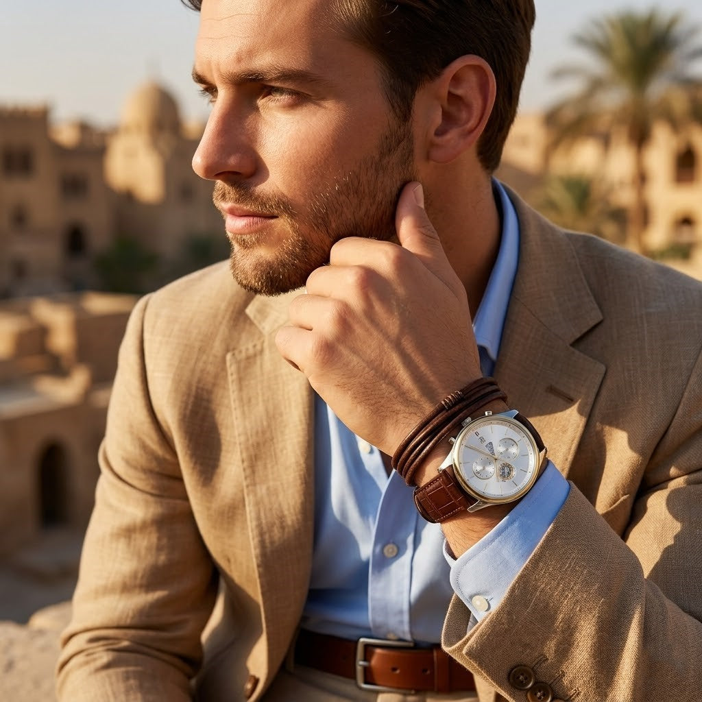 Lifestyle photo of Tommy Hilfiger 1710501 showing the watch on a man's wrist with brown leather strap