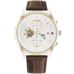 Authentic real-life photo of Tommy Hilfiger 1710501 showing actual two-tone finish and brown leather strap