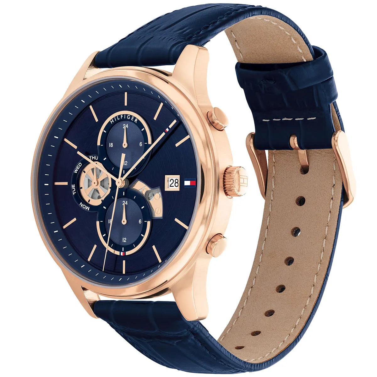 Angled real-life photo of Tommy Hilfiger 1710503 showing the rose gold case and leather texture