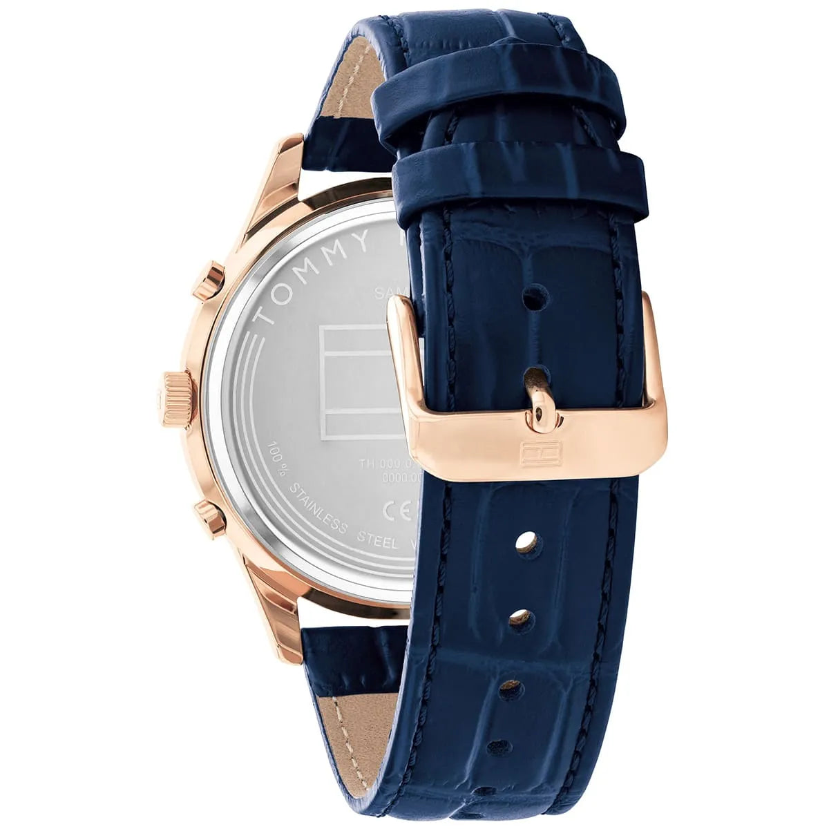 Photo of the rose gold stainless steel buckle on the blue leather strap of Tommy Hilfiger 1710503