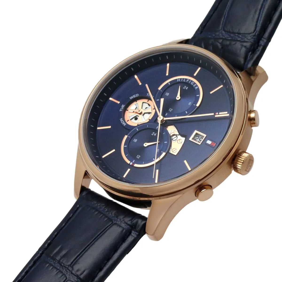 Detail photo of the rose gold crown and buttons on the Tommy Hilfiger 1710503