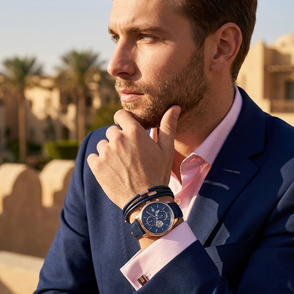 Lifestyle photo of Tommy Hilfiger 1710503 showing the watch on a man's wrist with blue leather strap