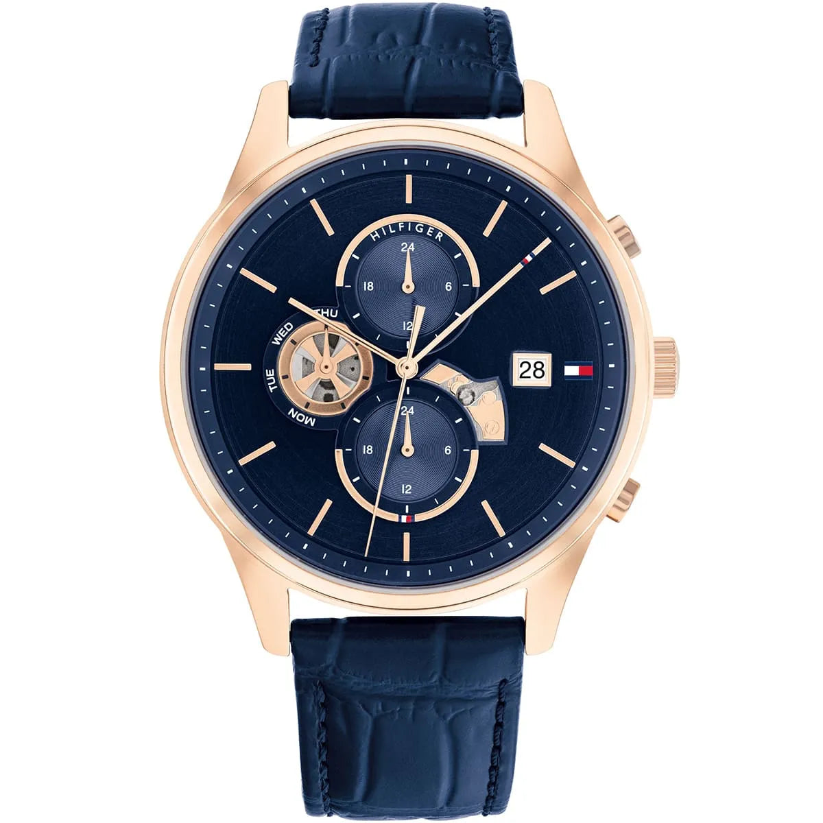Authentic real-life photo of Tommy Hilfiger 1710503 showing actual rose gold finish and blue leather strap
