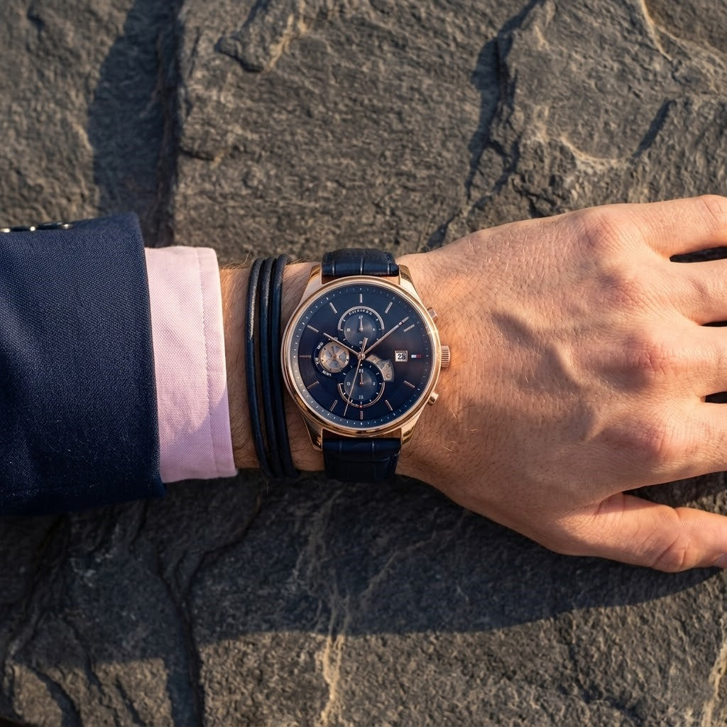Close up shot of Tommy Hilfiger 1710503 on wrist showing blue dial and rose gold details
