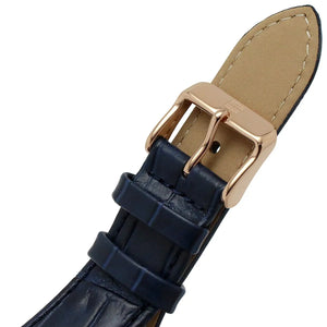 Navy leather watch strap with a gold buckle on a white background