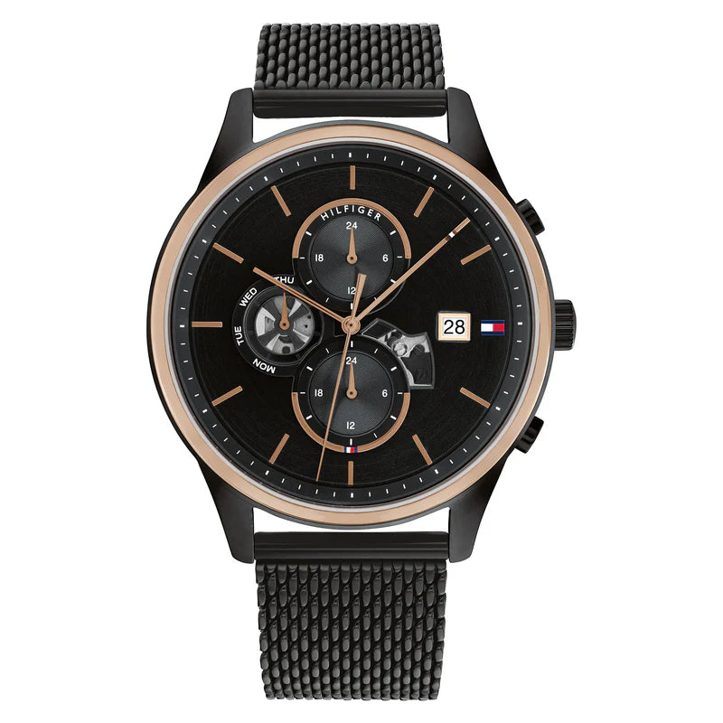 Authentic real-life photo of Tommy Hilfiger 1710505 showing actual black finish and mesh bracelet