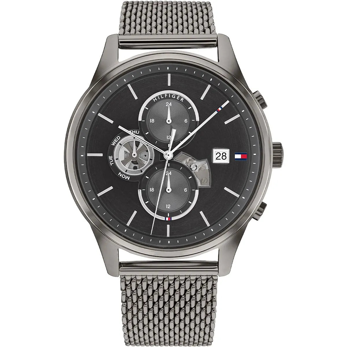Tommy Hilfiger watch with black face and silver mesh band on a white background