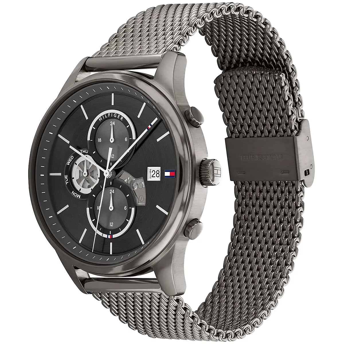 Silver watch with mesh band on a white background