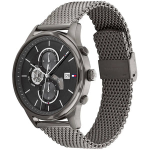Silver watch with mesh band on a white background