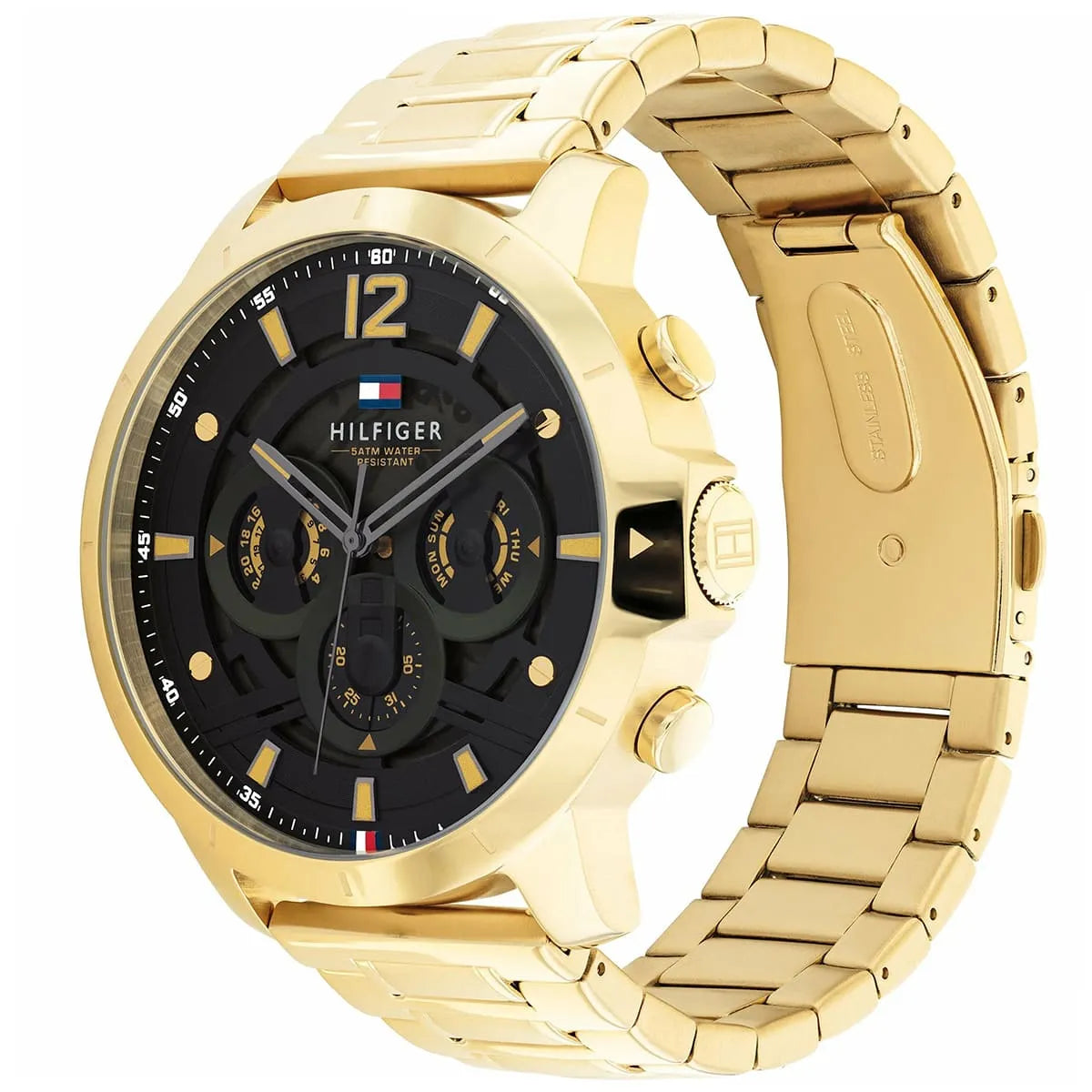 Right angled view of Tommy Hilfiger Luca 1710511 men's quartz battery watch highlighting gold finish and black dial accents