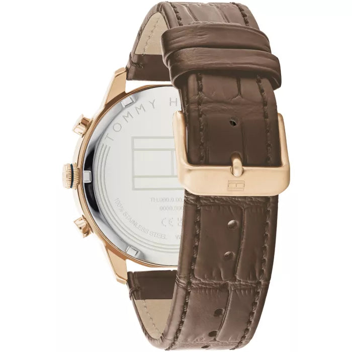 Gold-tone buckle clasp on Tommy Hilfiger Morrison 1710526 men's quartz battery brown leather strap watch